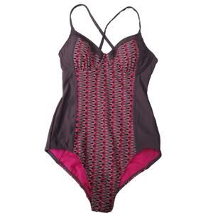 Athleta Womens Sz 34B 34C Pink Gray One Piece Swimsuit Criss Cross Back